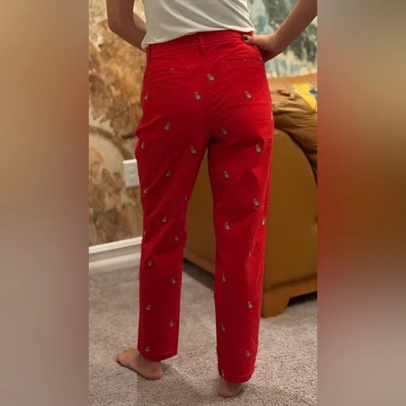 NEW $99 TALBOTS Relaxed Chinos Red Twill - Frenchie Dog,Critter Emb Pants Sz 8 - Picture 3 of 11